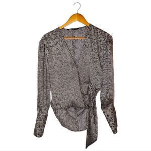 Zara Satin Micro Polka Dot Asymmetrical Cuff Long Sleeve Blouse Size S